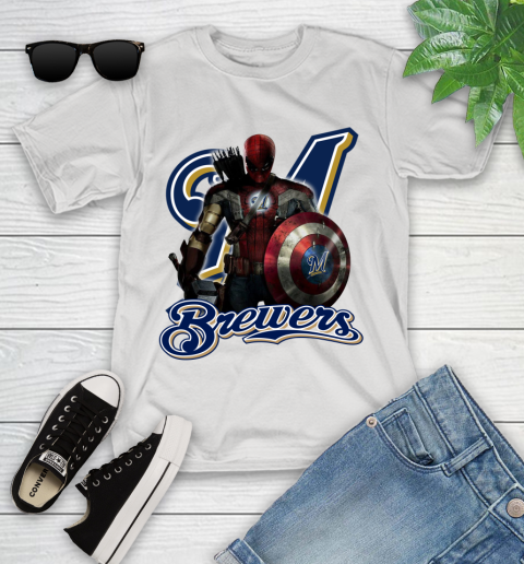 MLB Captain America Thor Spider Man Hawkeye Avengers Endgame Baseball Milwaukee Brewers Youth T-Shirt