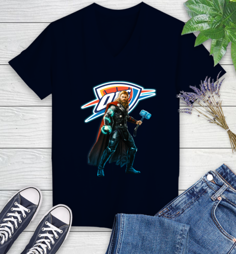 NBA Thor Avengers Endgame Basketball Oklahoma City Thunder Women's V-Neck T-Shirt 3