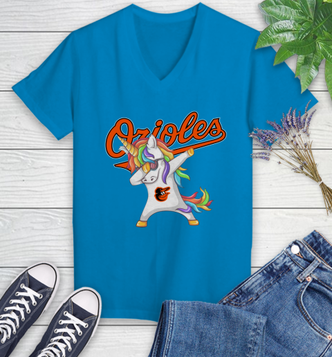 Baltimore Orioles MLB Baseball Funny Unicorn Dabbing Sports Women's V-Neck T-Shirt 7