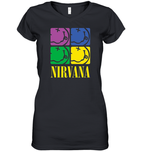 Nirvana Four Smiley Face Visionary Women's V-Neck T-Shirt