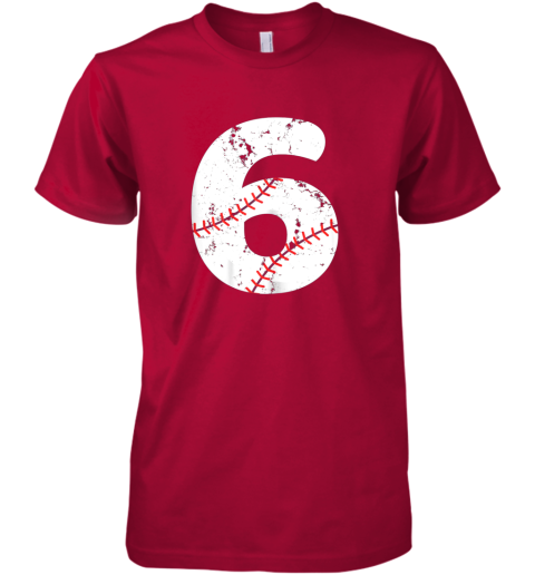 dw6y number 6 baseball vintage distressed team premium guys tee 5 front red