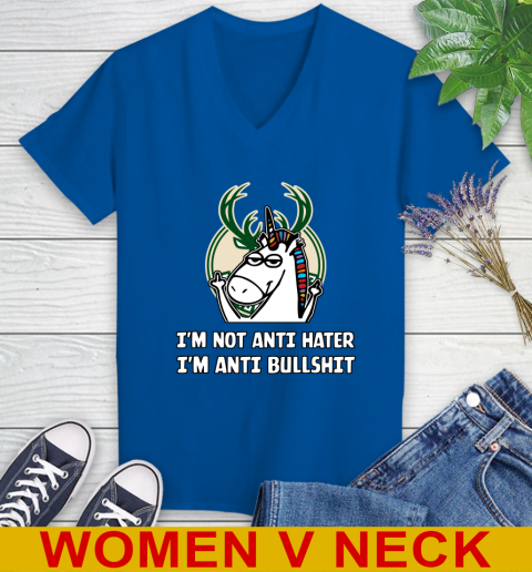 Milwaukee Bucks NBA Basketball Unicorn I'm Not Anti Hater I'm Anti Bullshit Women's V-Neck T-Shirt 11