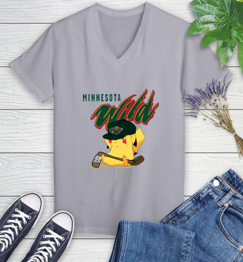 NHL Pikachu Hockey Sports Minnesota Wild Women's V-Neck T-Shirt 4