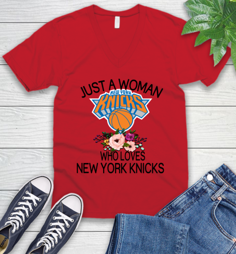 NBA Just A Woman Who Loves New York Knicks Basketball Sports V-Neck T-Shirt 4