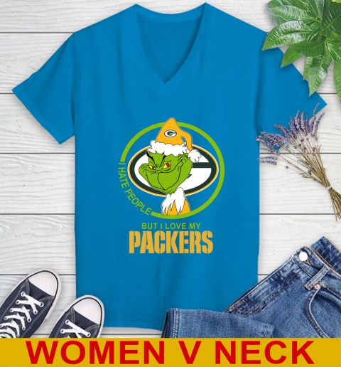 Green Bay Packers NFL Christmas Grinch I Hate People But I Love My Favorite Football Team Women's V-Neck T-Shirt 8