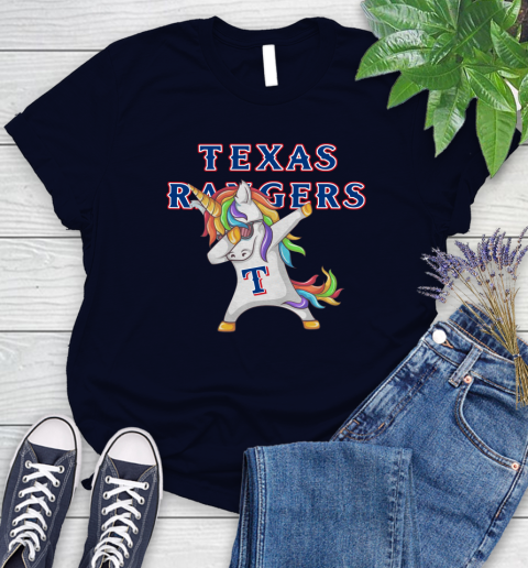 Texas Rangers MLB Baseball Funny Unicorn Dabbing Sports Women's T-Shirt 3