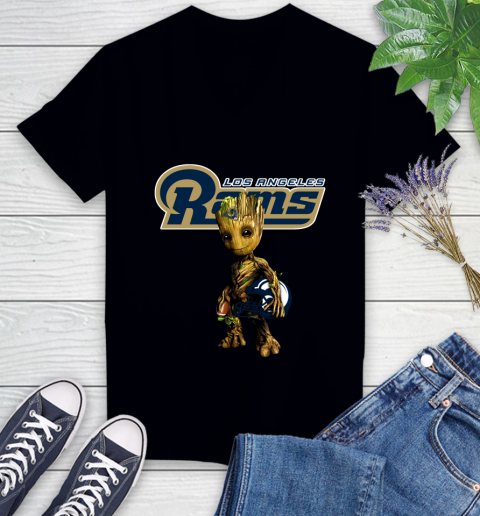 Los Angeles Rams NFL Football Groot Marvel Guardians Of The Galaxy Women's V-Neck T-Shirt 2