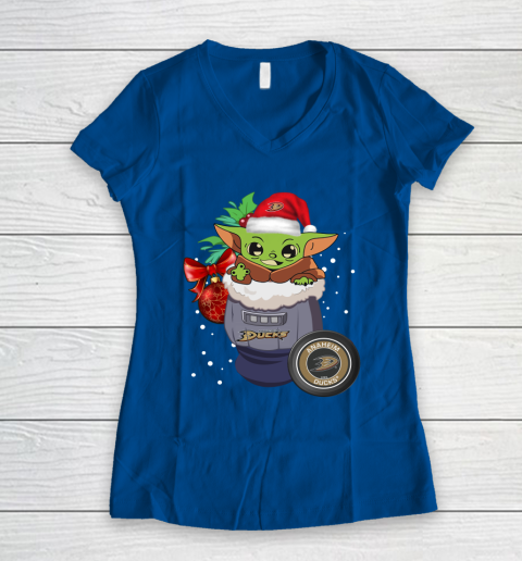 Anaheim Ducks Christmas Baby Yoda Star Wars Funny Happy NHL Women's V-Neck T-Shirt 9