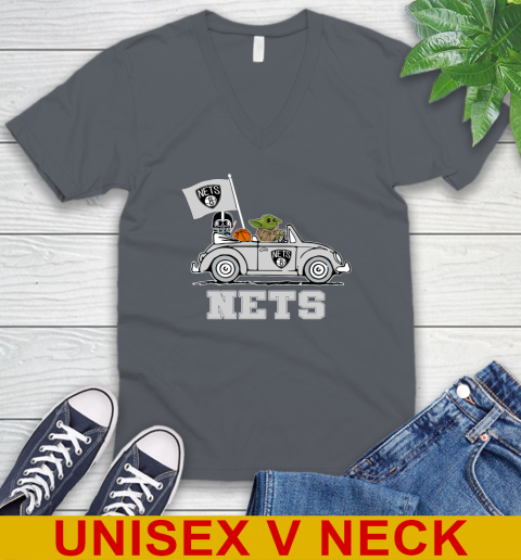 NBA Basketball Brooklyn Nets Darth Vader Baby Yoda Driving Star Wars Shirt V-Neck T-Shirt 5