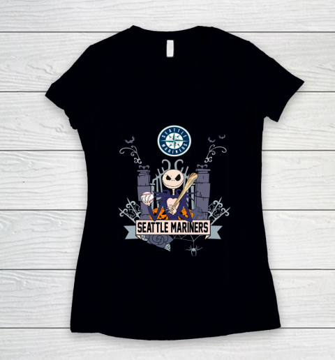 MLB Seattle Mariners Baseball Jack Skellington Halloween Women's V-Neck T-Shirt
