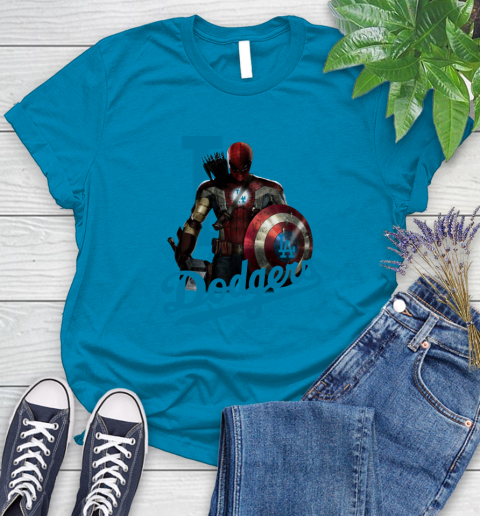 MLB Captain America Thor Spider Man Hawkeye Avengers Endgame Baseball Los Angeles Dodgers Women's T-Shirt 7