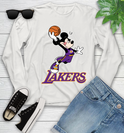 NBA Basketball Los Angeles Lakers Cheerful Mickey Mouse Shirt Youth Long Sleeve 12