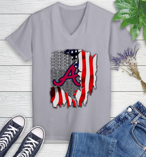 Atlanta Braves MLB Baseball American Flag Women's V-Neck T-Shirt 4