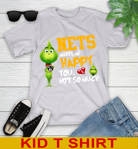 NBA Brooklyn Nets Makes Me Happy You Not So Much Grinch Basketball Sports Youth T-Shirt 4