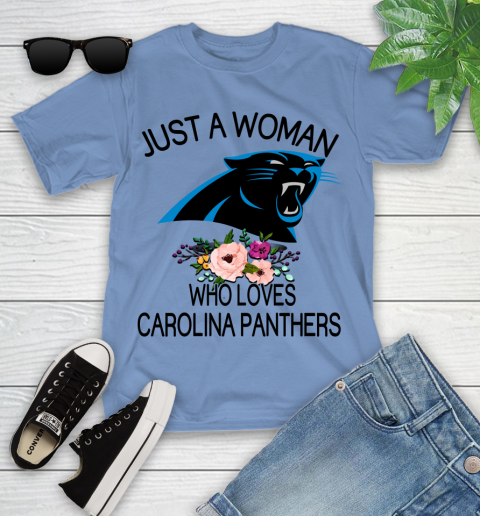 NFL Just A Woman Who Loves Carolina Panthers Football Sports Youth T-Shirt 9