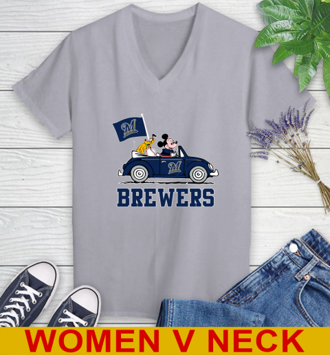 MLB Baseball Milwaukee Brewers Pluto Mickey Driving Disney Shirt Women's V-Neck T-Shirt 5