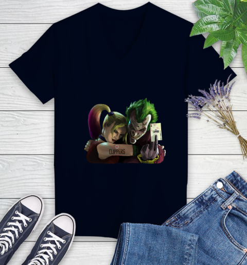 LA Clippers NBA Basketball Joker Harley Quinn Suicide Squad Women's V-Neck T-Shirt 3