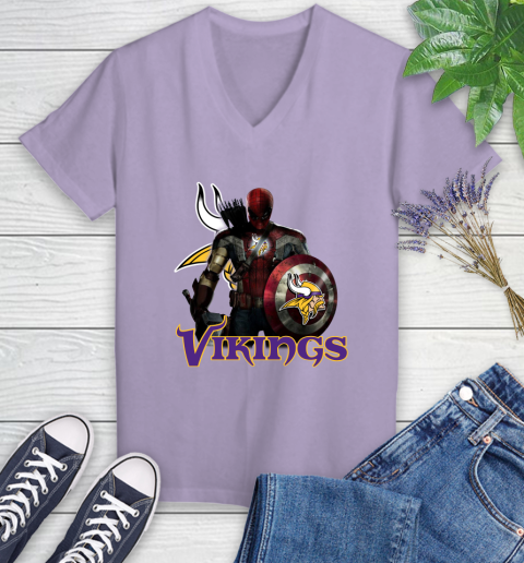 NFL Captain America Thor Spider Man Hawkeye Avengers Endgame Football Minnesota Vikings Women's V-Neck T-Shirt 14