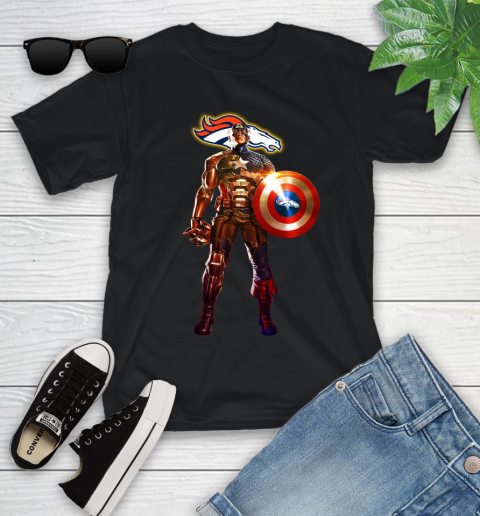 NFL Captain America Marvel Avengers Endgame Football Sports Denver Broncos Youth T-Shirt 2