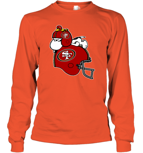 mq4p snoopy and woodstock resting on san francisco 49ers helmet youth long sleeve 50 front orange
