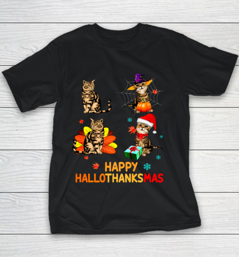 Cat Halloween Thanksgiving Christmas Happy Hallothanksmas Youth T-Shirt
