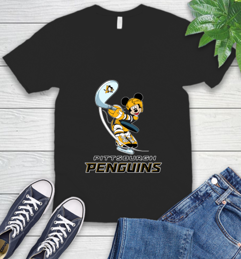 NHL Hockey Pittsburgh Penguins Cheerful Mickey Mouse Shirt V-Neck T-Shirt