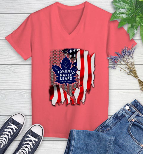 Toronto Maple Leafs NHL Hockey American Flag Women's V-Neck T-Shirt 6