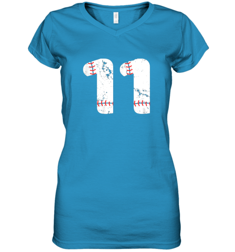 rp4f number 11 baseball vintage distressed team women v neck t shirt 39 front sapphire