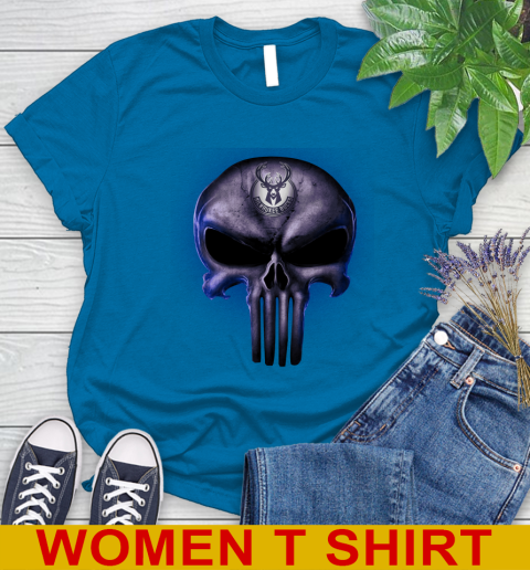 Milwaukee Bucks NBA Basketball Punisher Skull Sports Women's T-Shirt 8