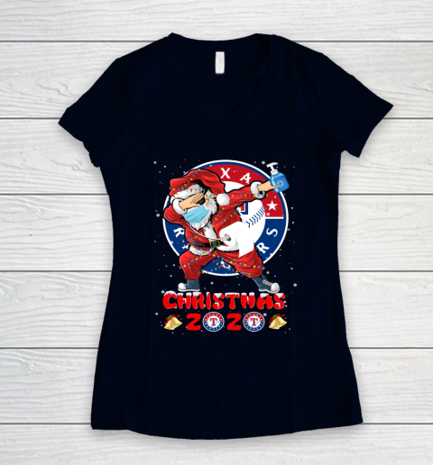Texas Rangers Funny Santa Claus Dabbing Christmas 2020 MLB Women's V-Neck T-Shirt 2