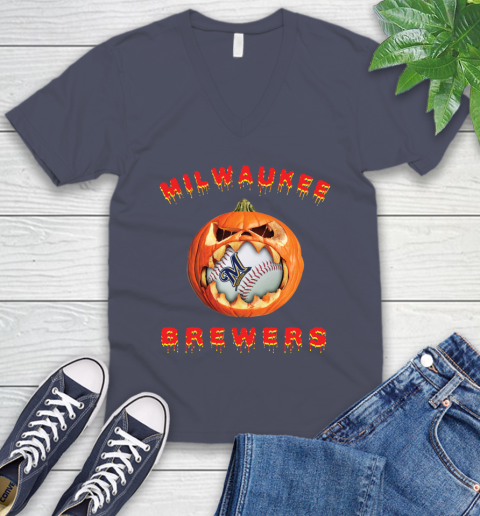 MLB Milwaukee Brewers Halloween Pumpkin Baseball Sports V-Neck T-Shirt 9