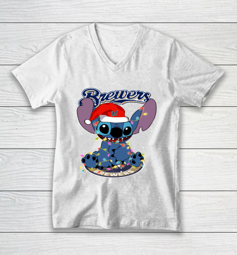 Milwaukee Brewers MLB noel stitch Baseball Christmas V-Neck T-Shirt