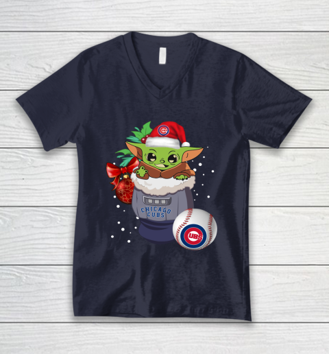Chicago Cubs Christmas Baby Yoda Star Wars Funny Happy MLB V-Neck T-Shirt 3