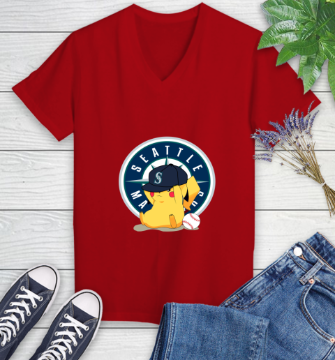 MLB Pikachu Baseball Sports Seattle Mariners Women's V-Neck T-Shirt 12