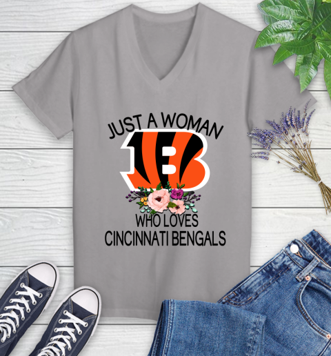 NFL Just A Woman Who Loves Cincinnati Bengals Football Sports Women's V-Neck T-Shirt 2