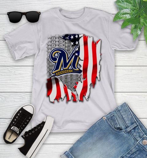 Milwaukee Brewers MLB Baseball American Flag Youth T-Shirt 4