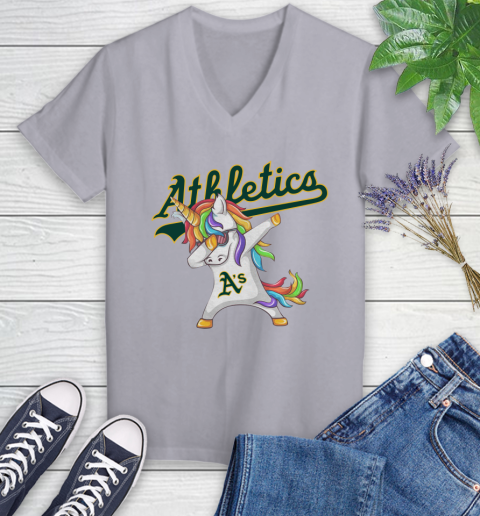 Oakland Athletics MLB Baseball Funny Unicorn Dabbing Sports Women's V-Neck T-Shirt 4