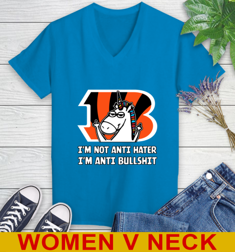 Cincinnati Bengals NFL Football Unicorn I'm Not Anti Hater I'm Anti Bullshit Women's V-Neck T-Shirt 8