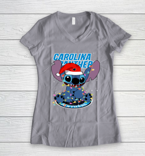 Carolina Panthers NFL Football noel stitch Christmas Women's V-Neck T-Shirt 2