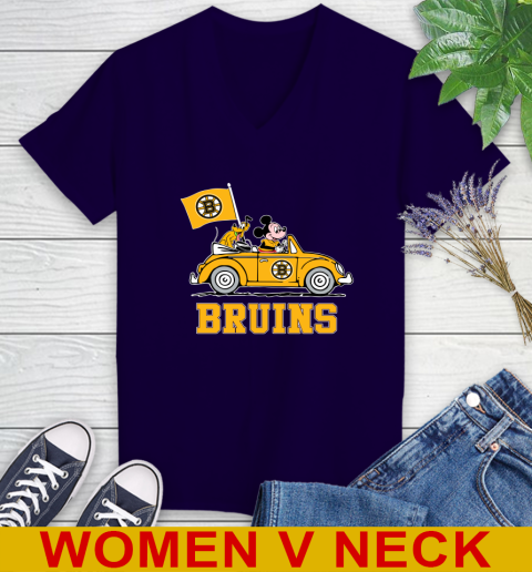 NHL Hockey Boston Bruins Pluto Mickey Driving Disney Shirt Women's V-Neck T-Shirt 4