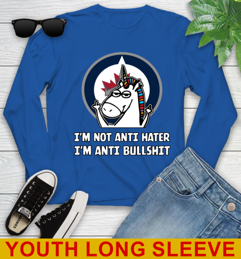 Winnipeg Jets NHL Hockey Unicorn I'm Not Anti Hater I'm Anti Bullshit Youth Long Sleeve 10