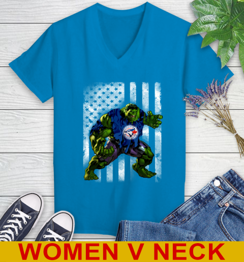 Toronto Blue Jays Hulk Marvel Avengers MLB Baseball American Flag Women's V-Neck T-Shirt 7