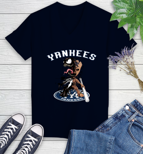 MLB New York Yankees Baseball Venom Groot Guardians Of The Galaxy Women's V-Neck T-Shirt 3
