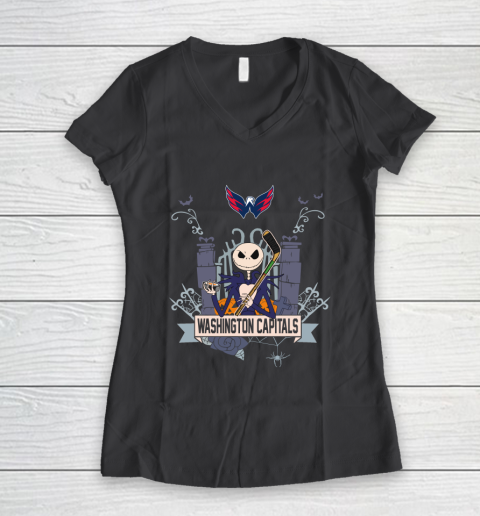 NHL Washington Capitals Hockey Jack Skellington Halloween Women's V-Neck T-Shirt 6