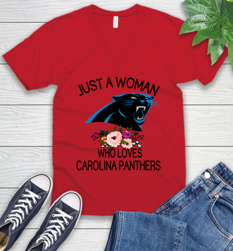NFL Just A Woman Who Loves Carolina Panthers Football Sports V-Neck T-Shirt 4