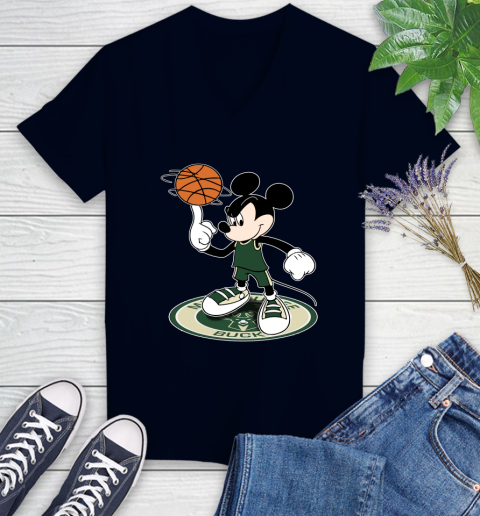 NBA Basketball Milwaukee Bucks Cheerful Mickey Disney Shirt Women's V-Neck T-Shirt 3