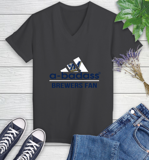 MLB A Badass Milwaukee Brewers Fan Adidas Baseball Sports Women's V-Neck T-Shirt 8