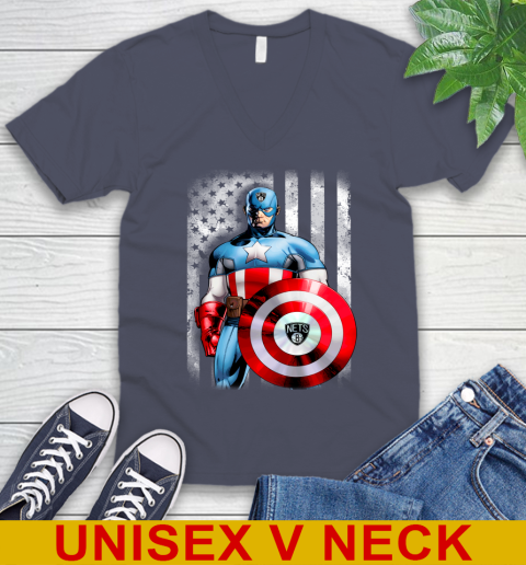 Brooklyn Nets NBA Basketball Captain America Marvel Avengers American Flag Shirt V-Neck T-Shirt 7