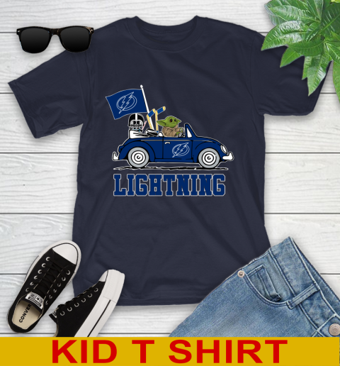 NHL Hockey Tampa Bay Lightning Darth Vader Baby Yoda Driving Star Wars Shirt Youth T-Shirt 3