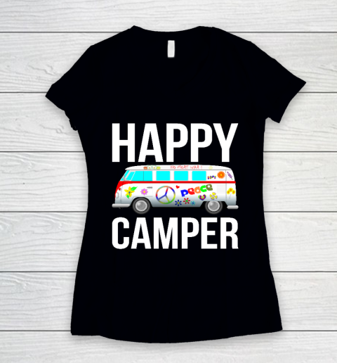 Happy Camper Camping Van Peace Sign Hippies 1970s Campers Women's V-Neck T-Shirt
